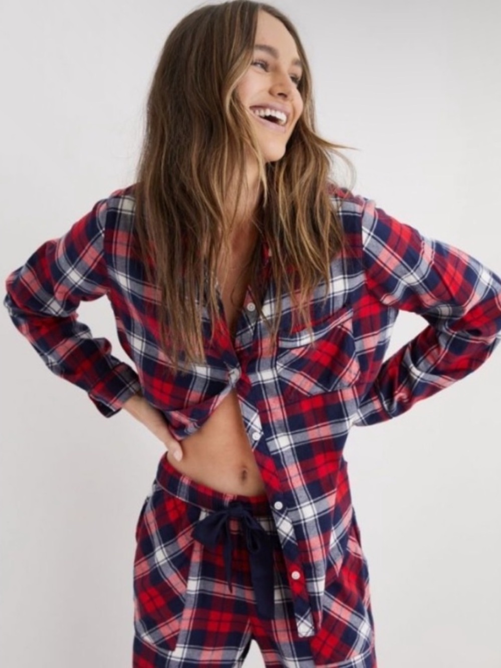Aerie Red & Navy Plaid Flannel Button Down Pajama Top XL